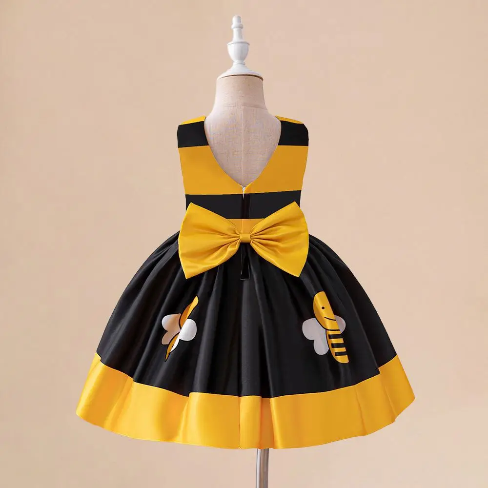 Girls Bee Print Sleeveless Princess Dress Black Yellow - Image 3