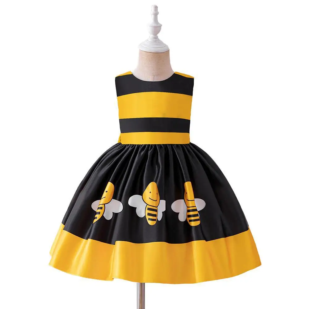 Girls Bee Print Sleeveless Princess Dress Black Yellow - Image 6