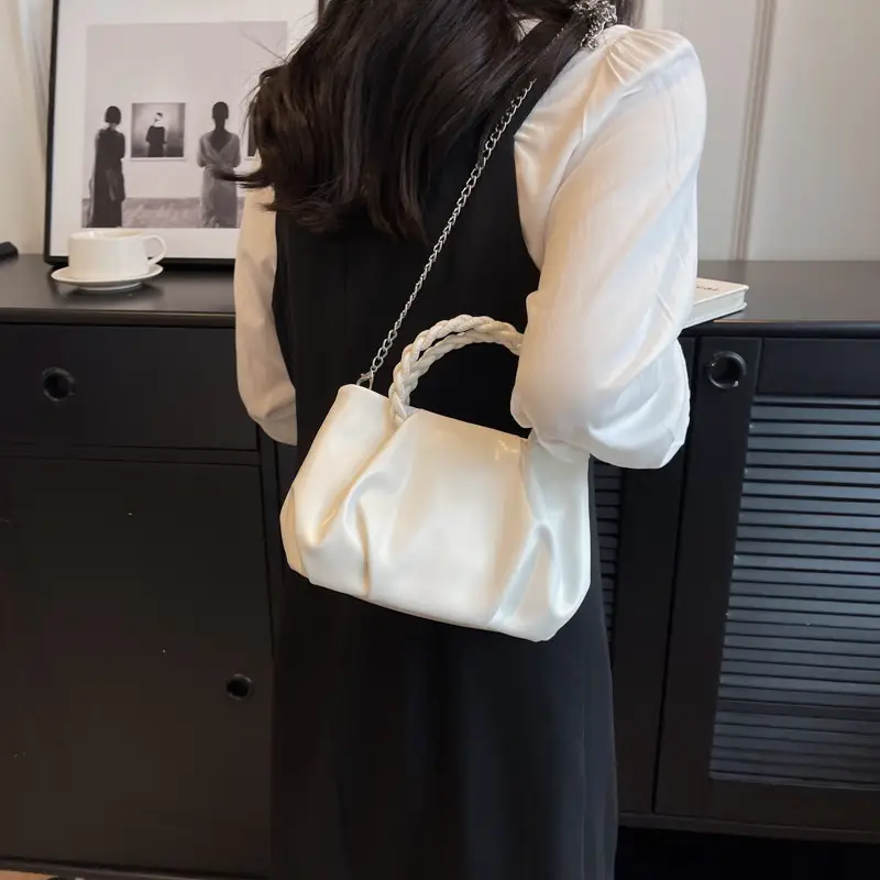 White Pleated Chain Shoulder Bag for Women - Image 12