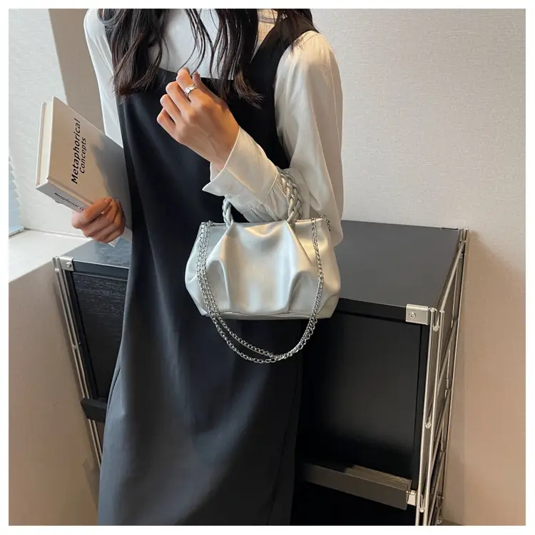 White Pleated Chain Shoulder Bag for Women — feature 11