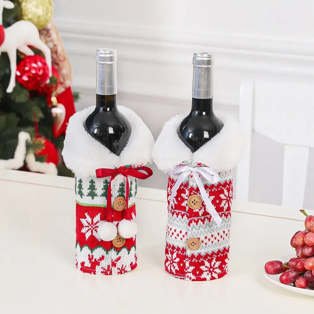 Red Knitted Snowflake Wine Bottle Decor Set