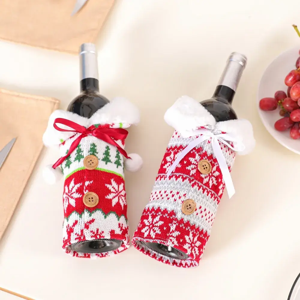 Red Knitted Snowflake Wine Bottle Decor Set