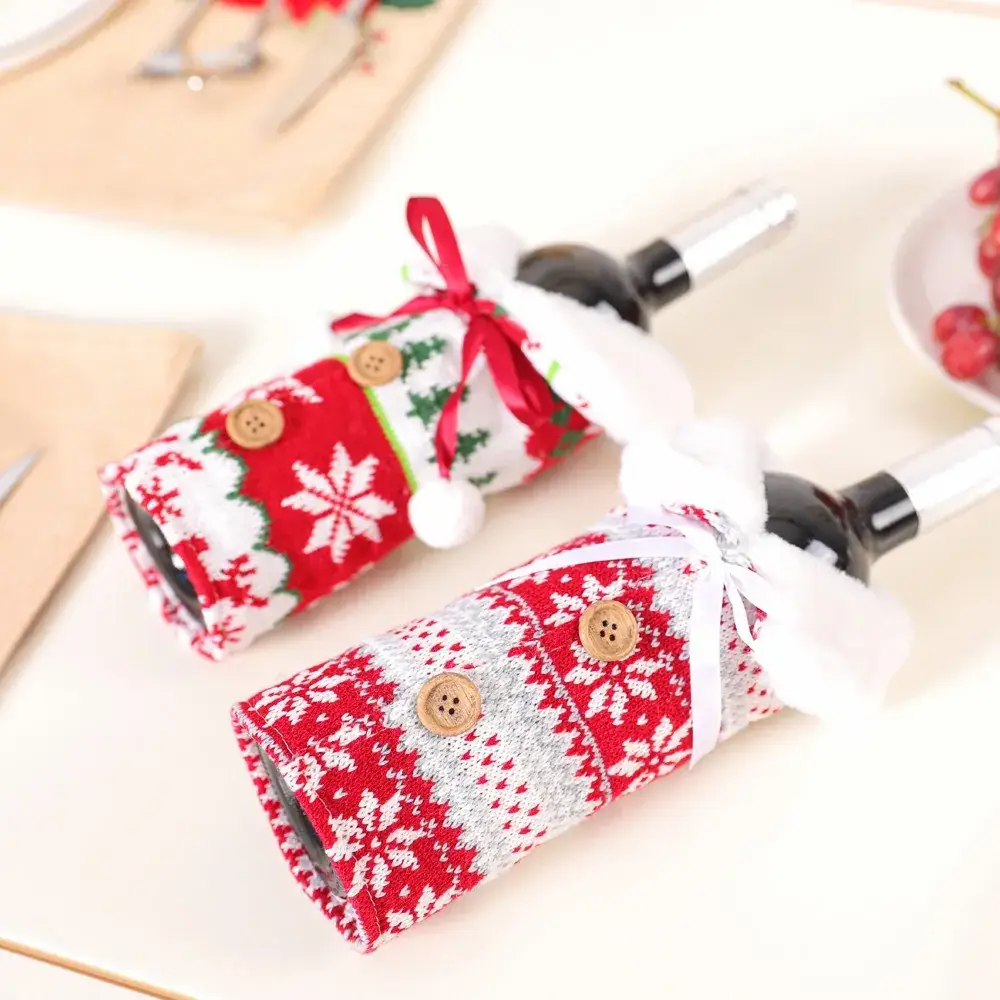 Red Knitted Snowflake Wine Bottle Decor Set