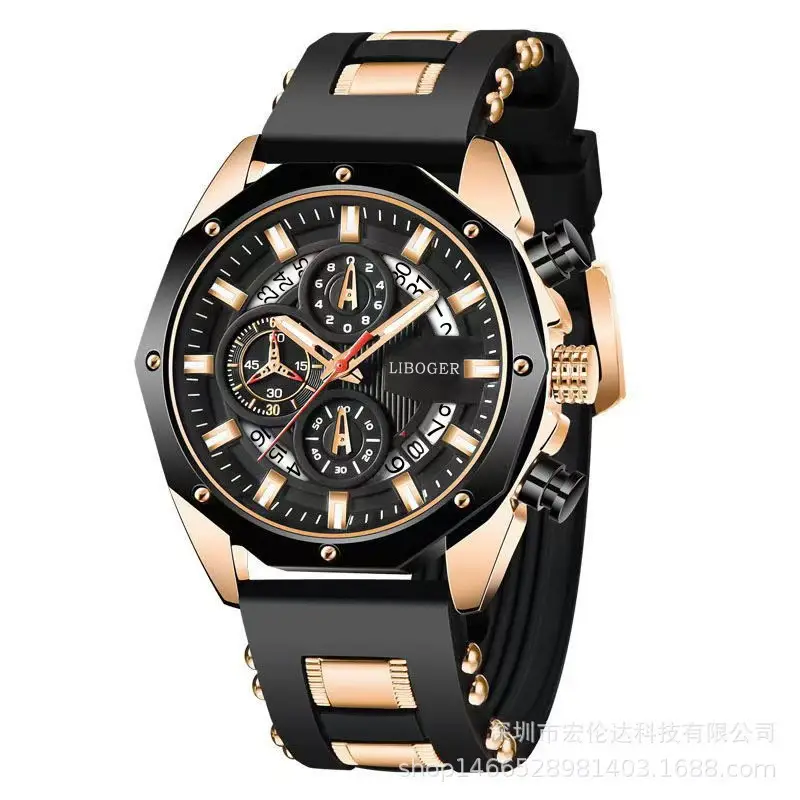 Men's Black Rose Gold Silicone Sports Watch with Hollow Calendar - Image 6