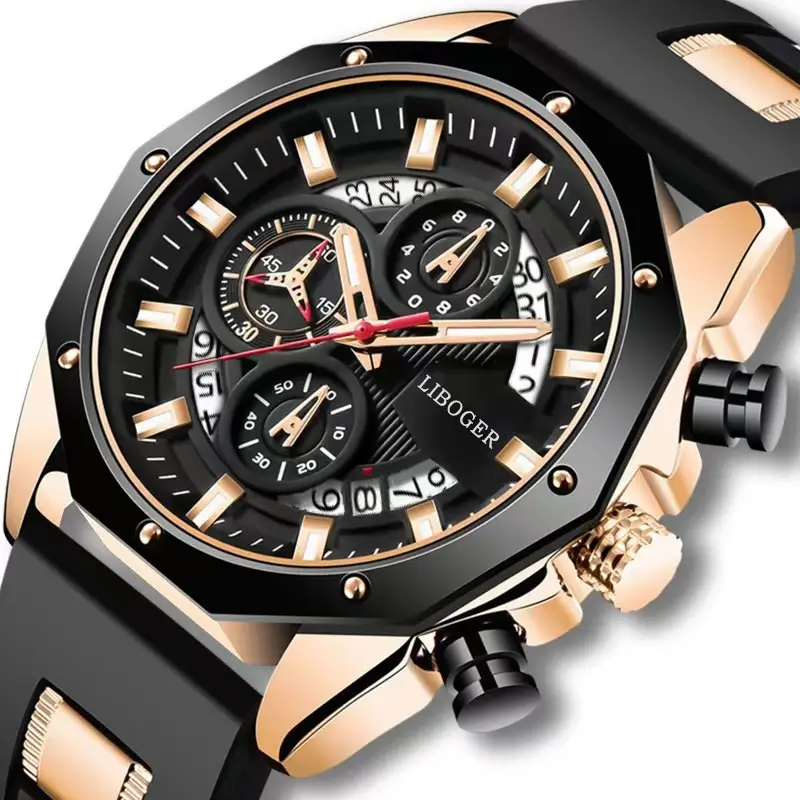 Men's Black Rose Gold Silicone Sports Watch with Hollow Calendar — feature 2