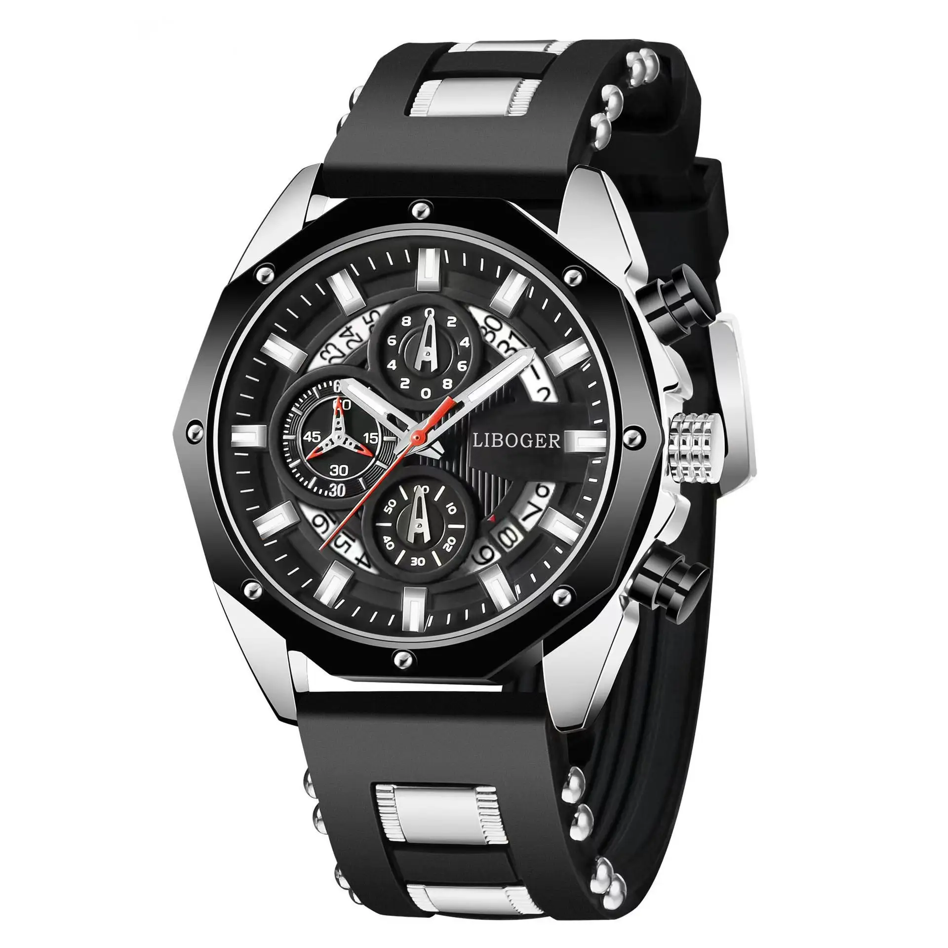 Men's Black Rose Gold Silicone Sports Watch with Hollow Calendar — feature 5