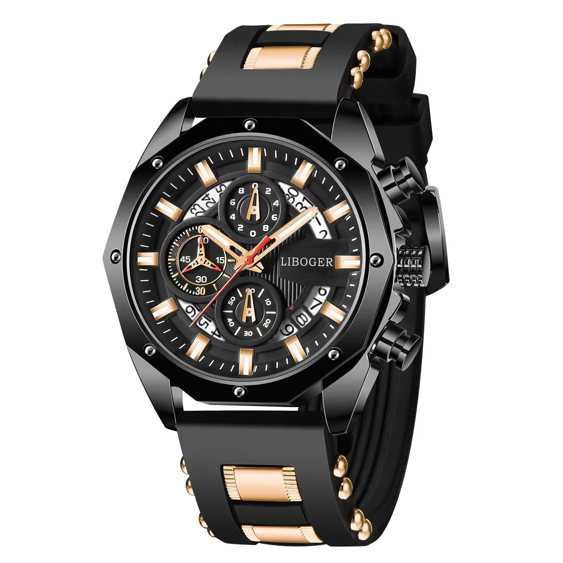 Men's Black Rose Gold Silicone Sports Watch with Hollow Calendar — feature 6