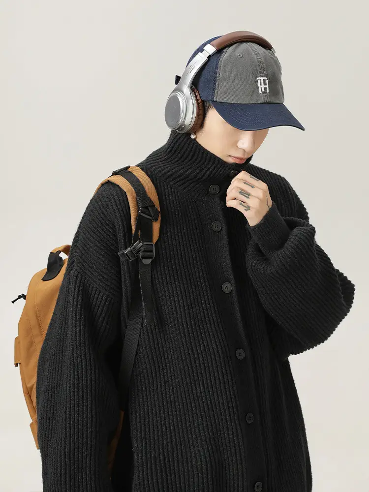 Japanese High-Neck Cardigan Sweater Grey Knit Autumn Winter - Image 7