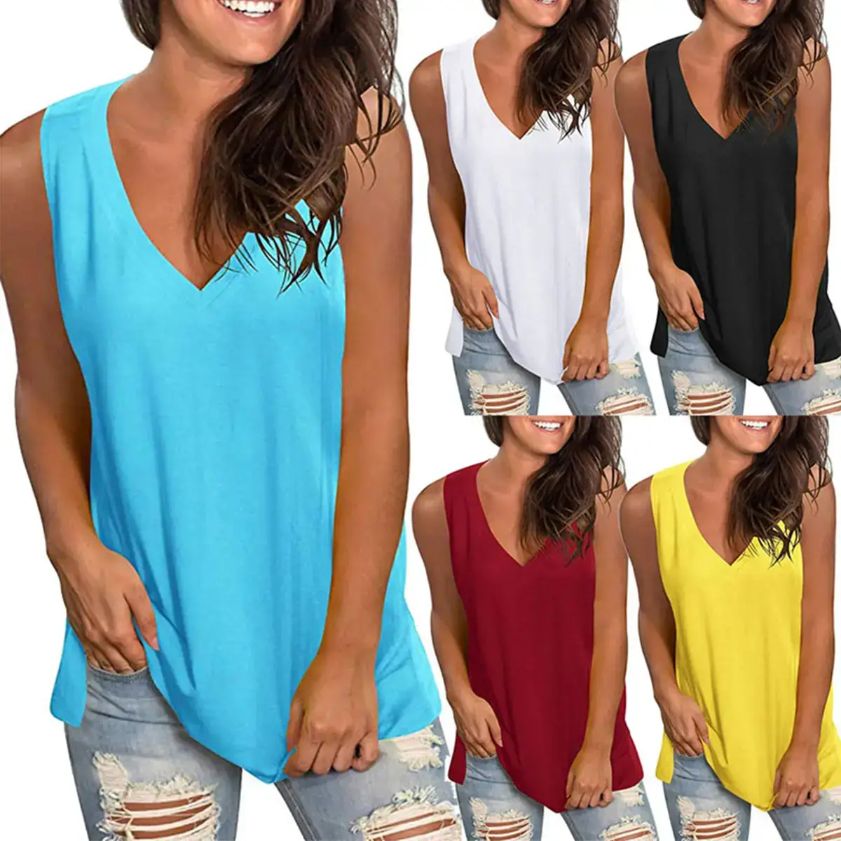 Women V-Neck Sleeveless T-Shirt Large Solid Color