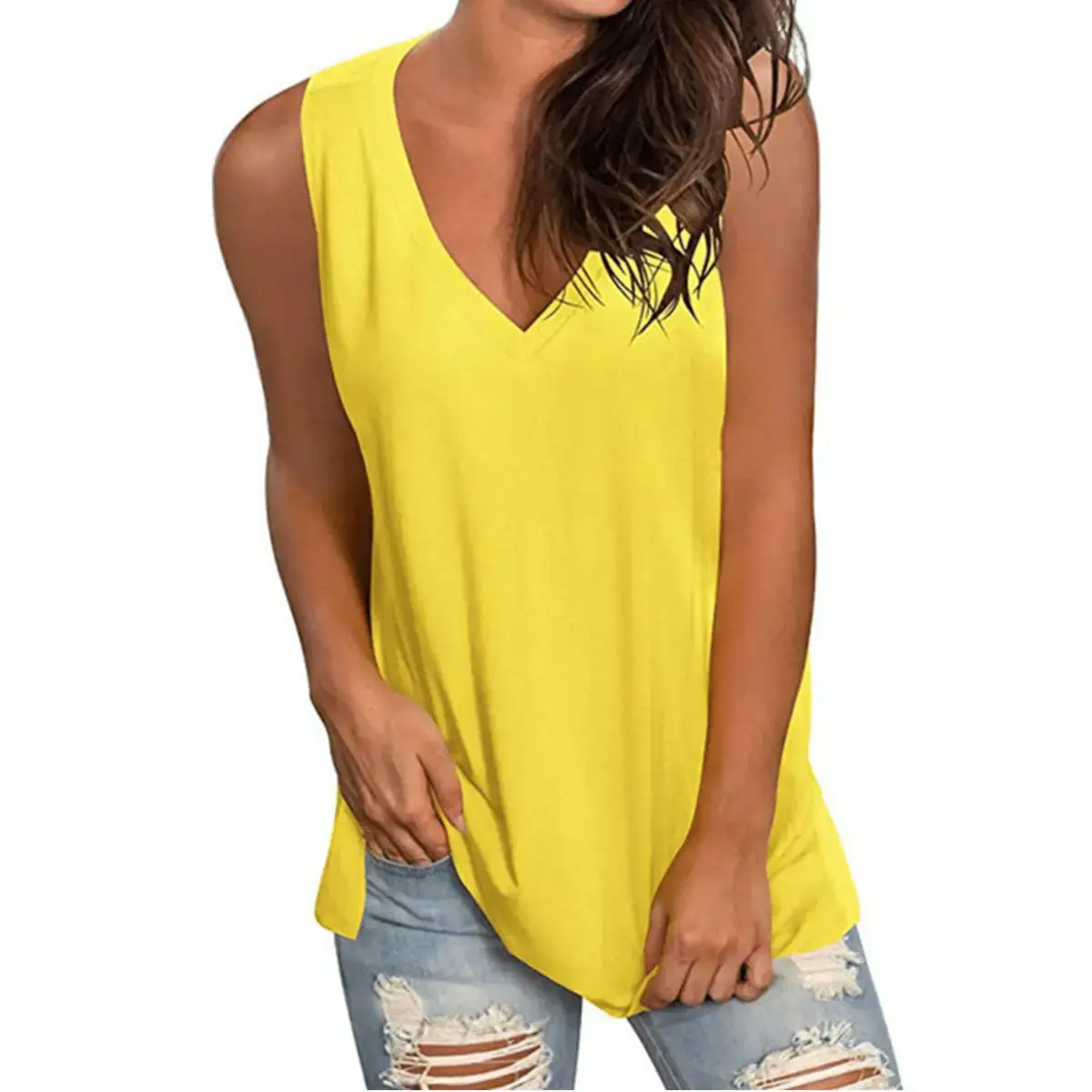 Women V-Neck Sleeveless T-Shirt Large Solid Color