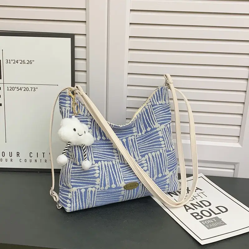 Women's Yellow Striped Canvas Shoulder Bag with Cute Pom Pom - Image 5