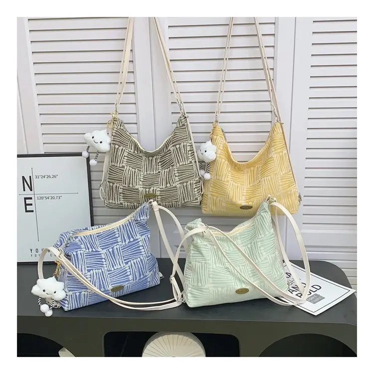 Women's Yellow Striped Canvas Shoulder Bag with Cute Pom Pom - Image 6