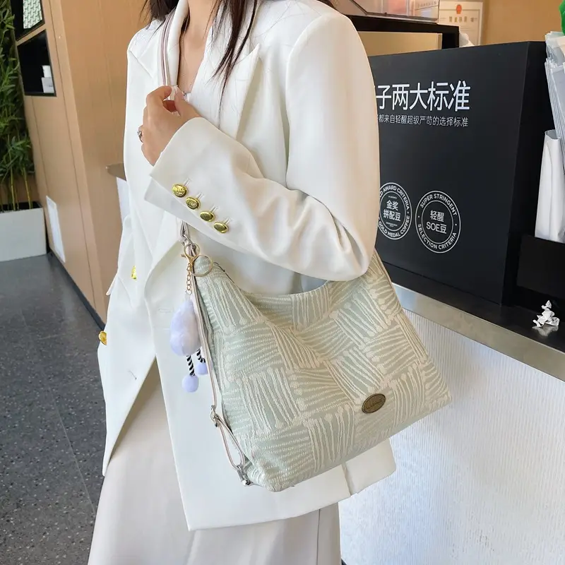 Women's Yellow Striped Canvas Shoulder Bag with Cute Pom Pom - Image 7