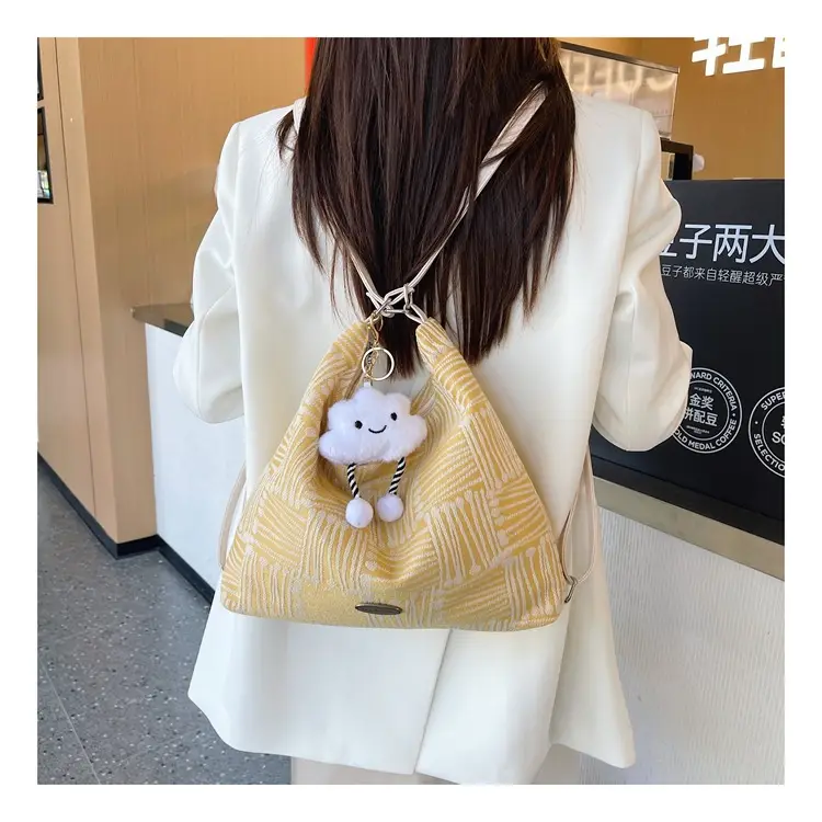 Women's Yellow Striped Canvas Shoulder Bag with Cute Pom Pom - Image 8