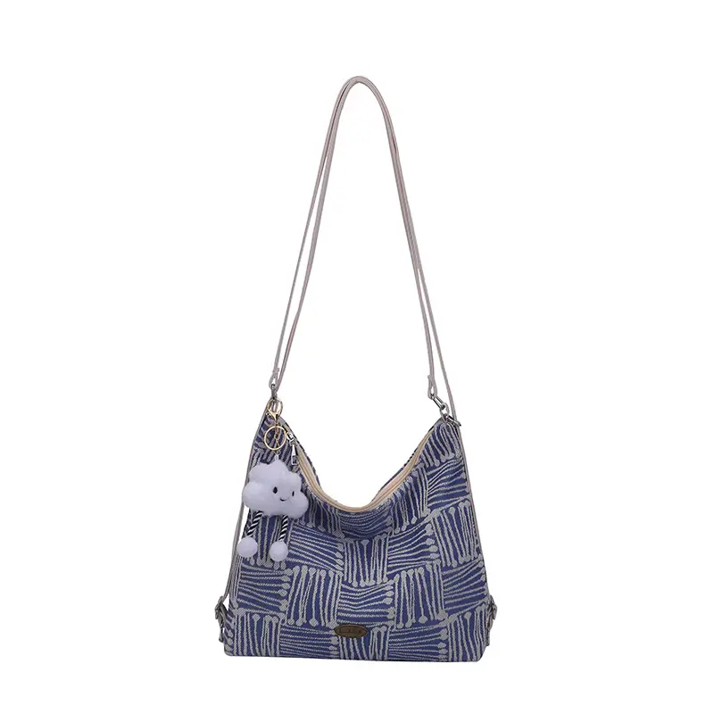 Women's Yellow Striped Canvas Shoulder Bag with Cute Pom Pom - Image 9