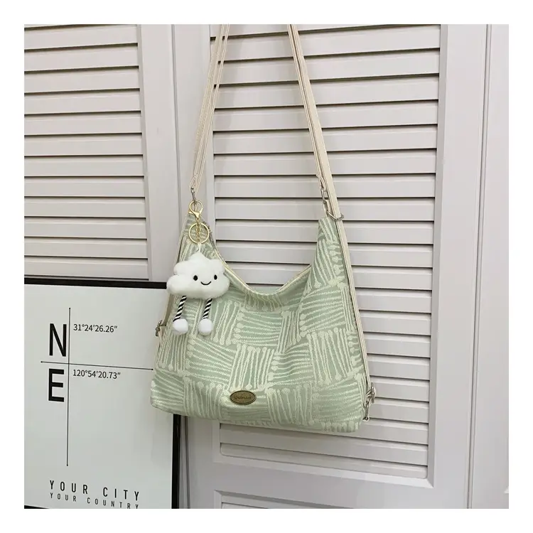 Women's Yellow Striped Canvas Shoulder Bag with Cute Pom Pom — feature 10