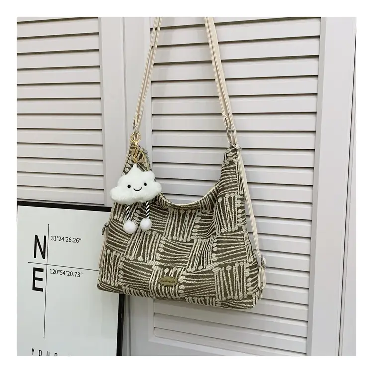 Women's Yellow Striped Canvas Shoulder Bag with Cute Pom Pom — feature 11