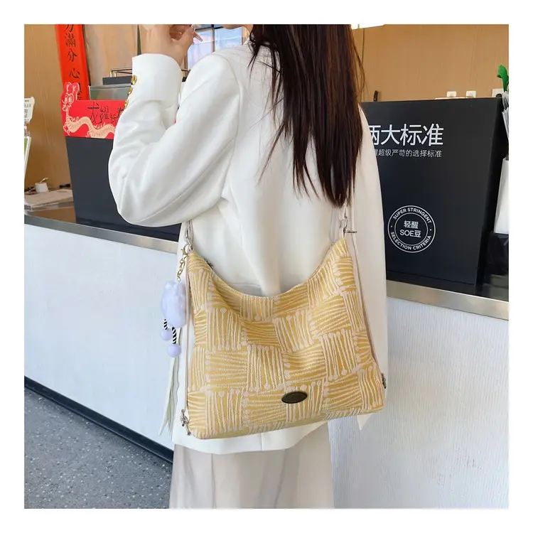 Women's Yellow Striped Canvas Shoulder Bag with Cute Pom Pom — feature 12