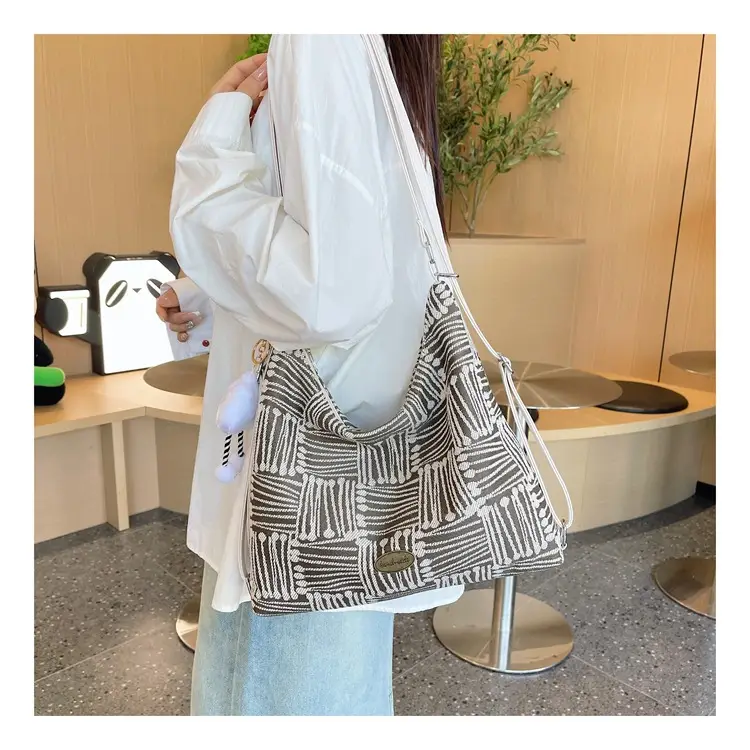 Women's Yellow Striped Canvas Shoulder Bag with Cute Pom Pom — feature 14