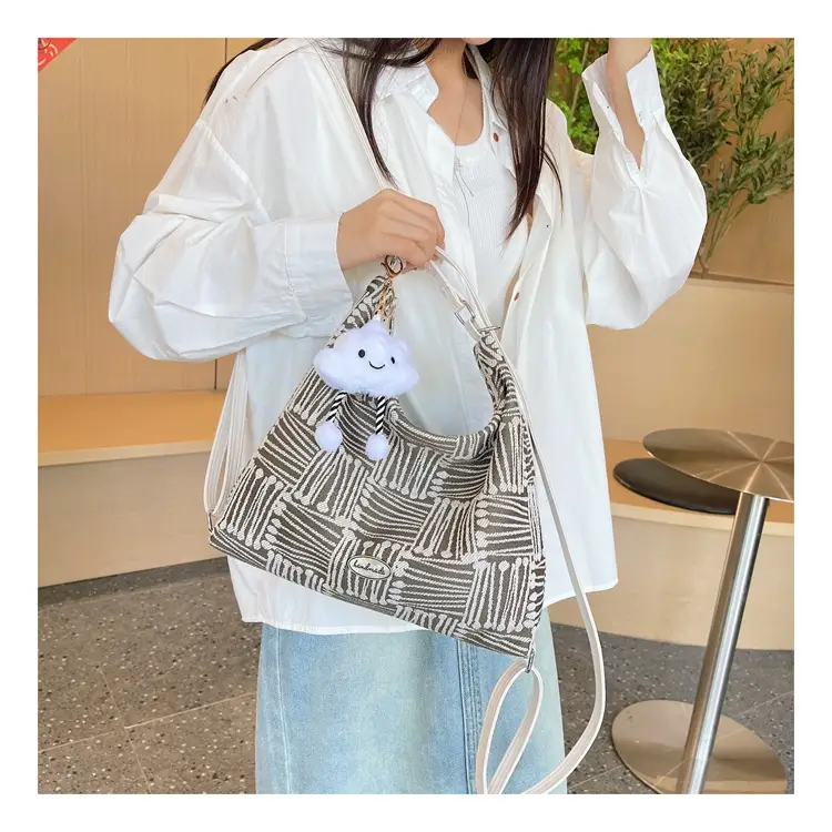 Women's Yellow Striped Canvas Shoulder Bag with Cute Pom Pom — feature 15