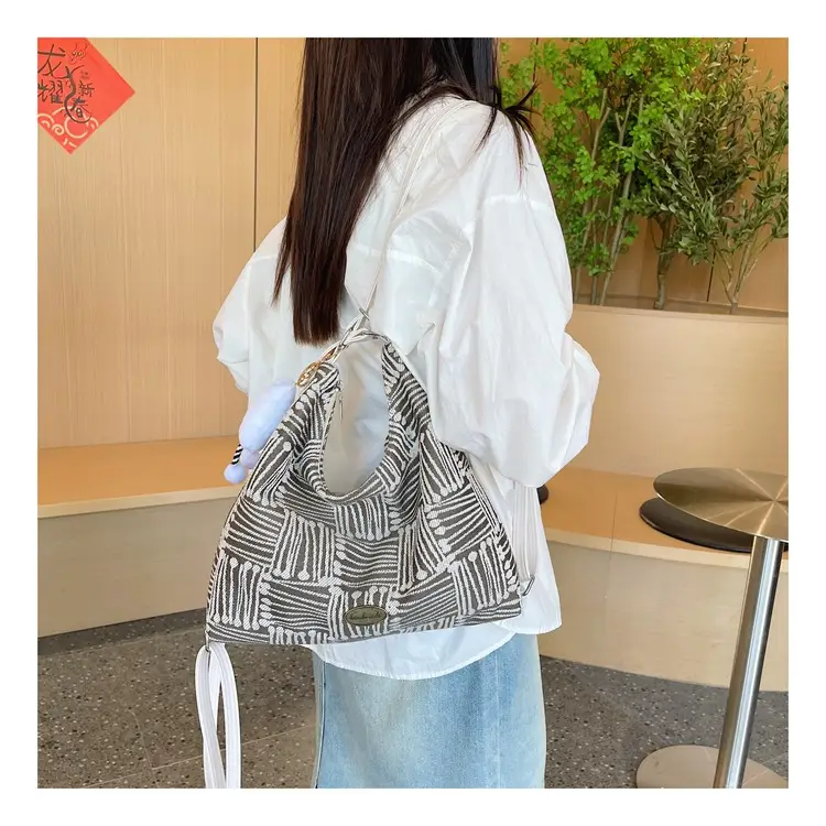 Women's Yellow Striped Canvas Shoulder Bag with Cute Pom Pom — feature 17