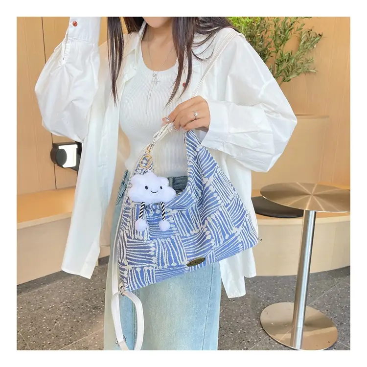 Women's Yellow Striped Canvas Shoulder Bag with Cute Pom Pom — feature 19