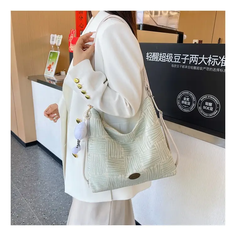 Women's Yellow Striped Canvas Shoulder Bag with Cute Pom Pom — feature 23