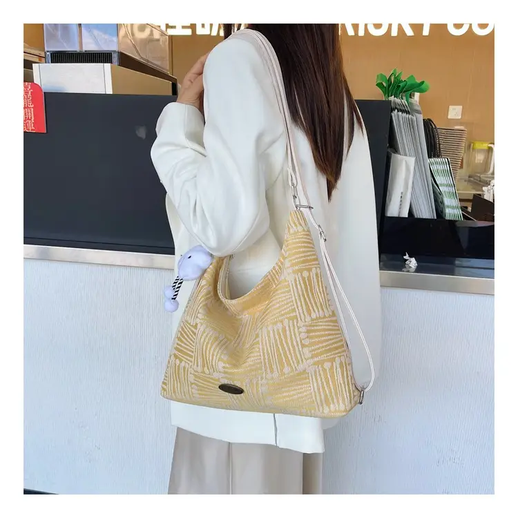 Women's Yellow Striped Canvas Shoulder Bag with Cute Pom Pom — feature 24
