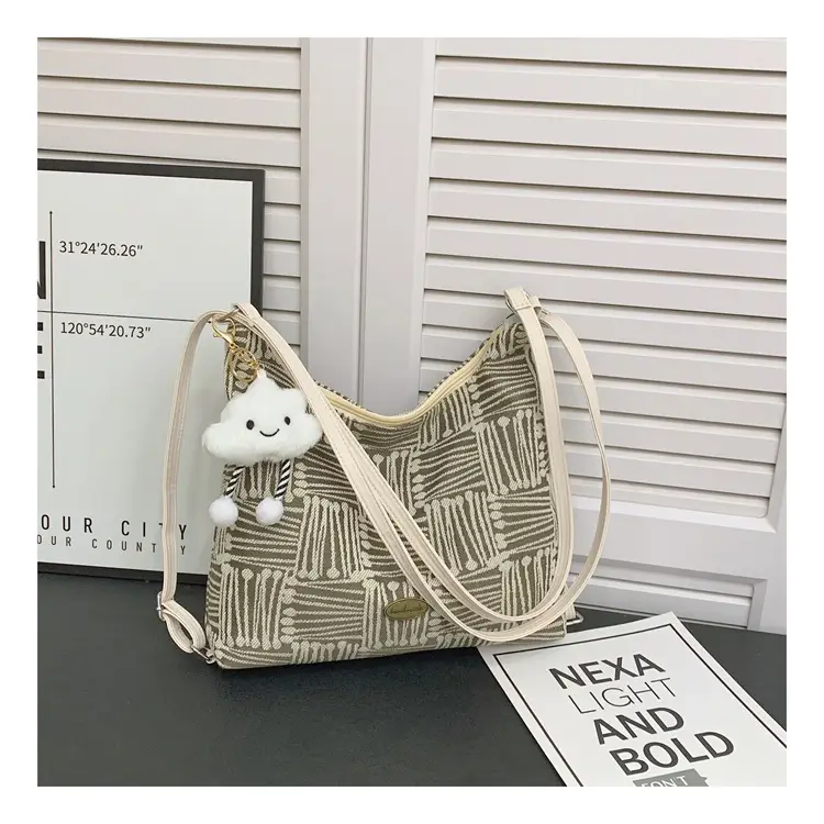 Women's Yellow Striped Canvas Shoulder Bag with Cute Pom Pom — feature 30