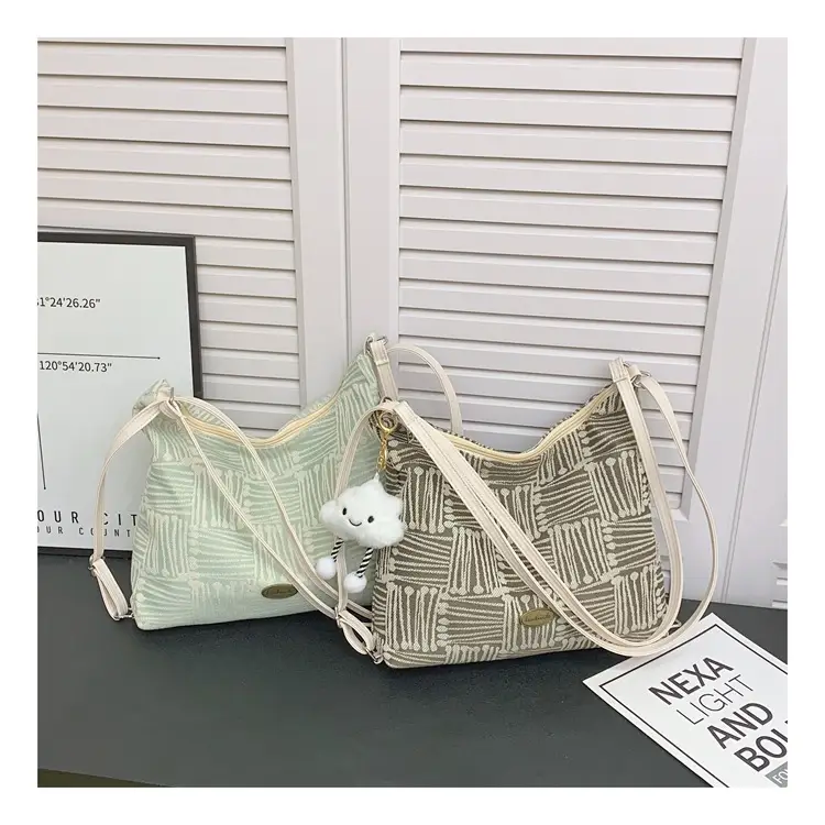 Women's Yellow Striped Canvas Shoulder Bag with Cute Pom Pom — feature 31