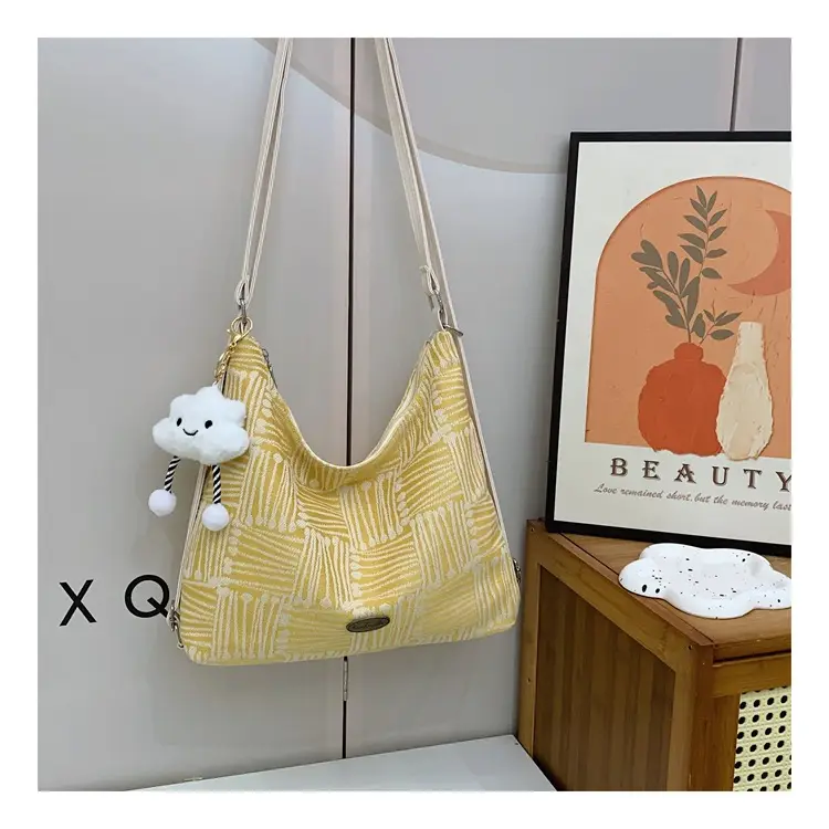 Women's Yellow Striped Canvas Shoulder Bag with Cute Pom Pom — feature 35