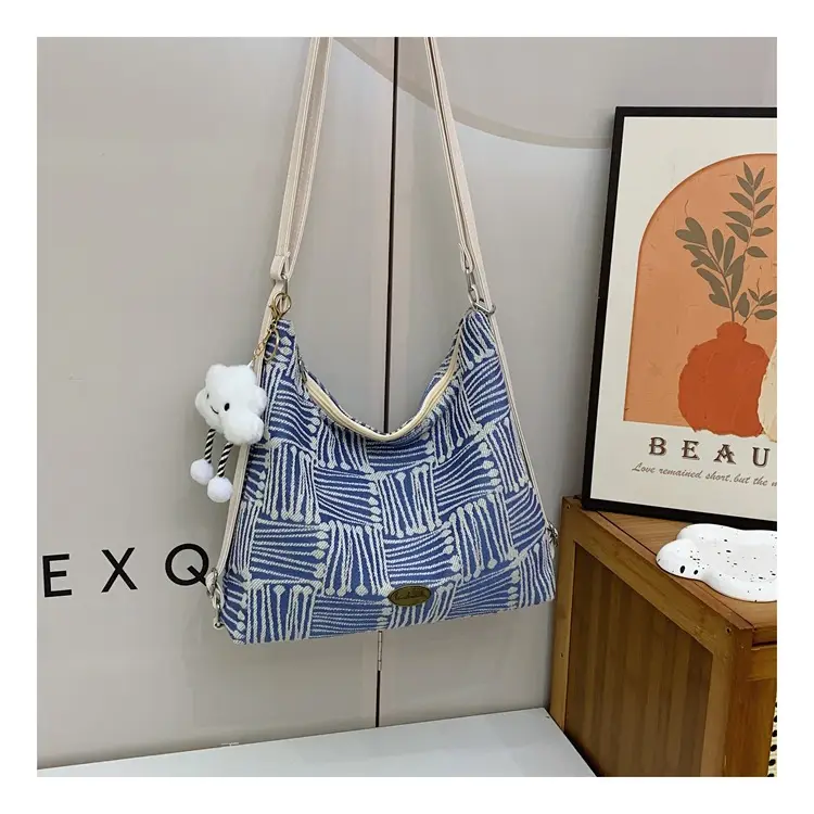 Women's Yellow Striped Canvas Shoulder Bag with Cute Pom Pom — feature 36