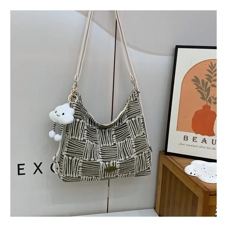 Women's Yellow Striped Canvas Shoulder Bag with Cute Pom Pom — feature 37