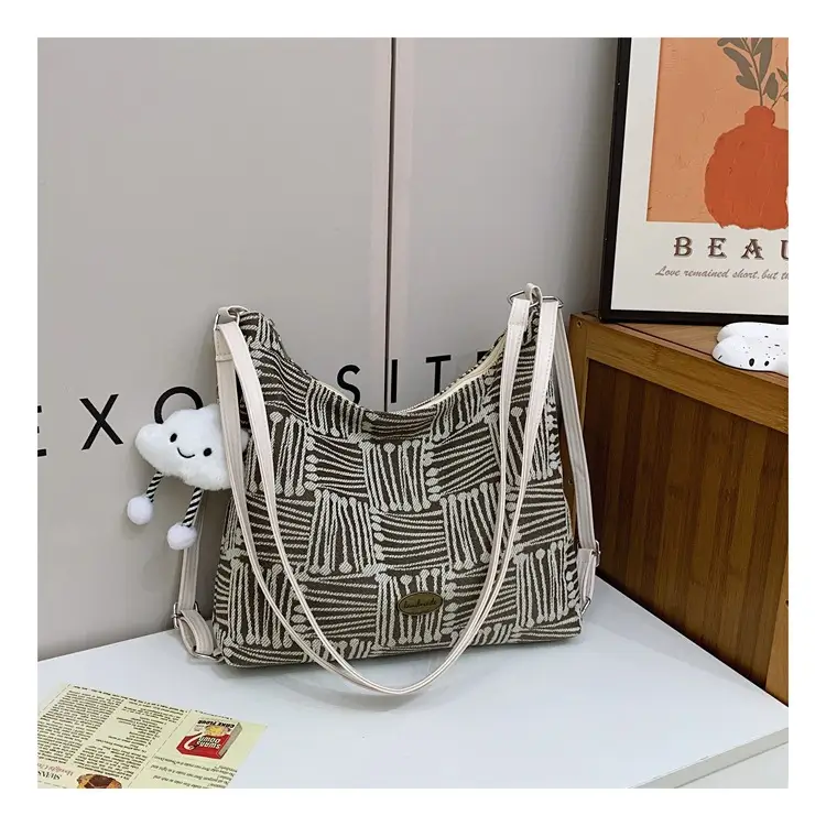 Women's Yellow Striped Canvas Shoulder Bag with Cute Pom Pom — feature 38