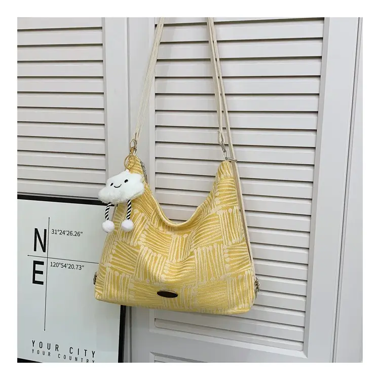 Women's Yellow Striped Canvas Shoulder Bag with Cute Pom Pom — feature 9
