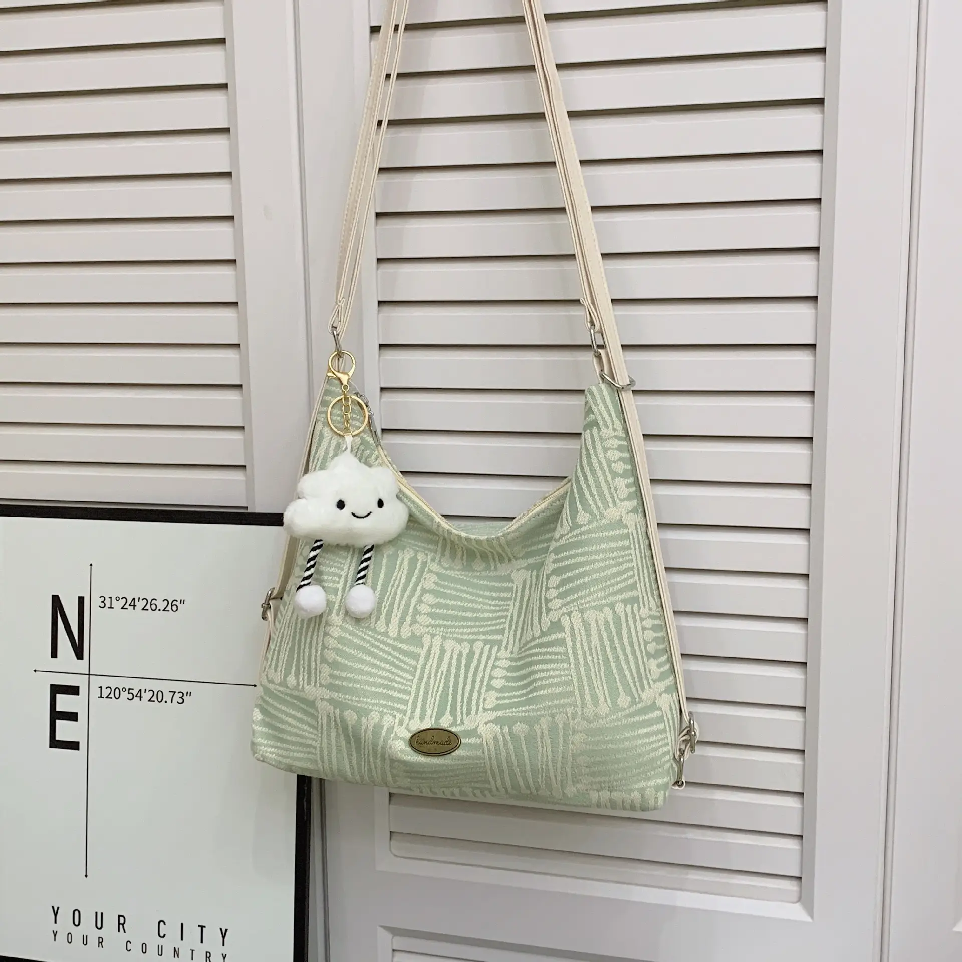 Women's Yellow Striped Canvas Shoulder Bag with Cute Pom Pom - Image 3
