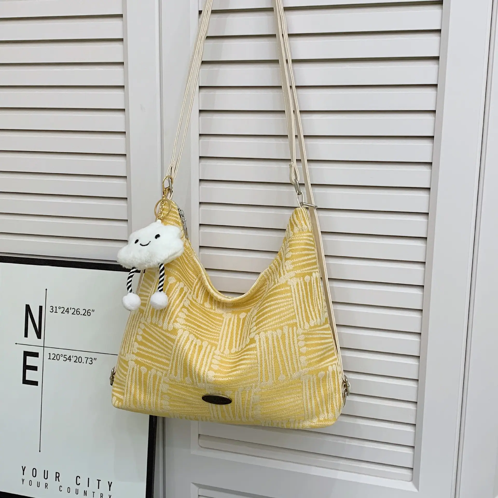 Women's Yellow Striped Canvas Shoulder Bag with Cute Pom Pom - Image 4