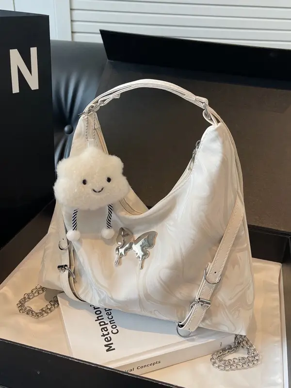 Women Velvet Backpack with Cute Pom Pom Handle - Image 4