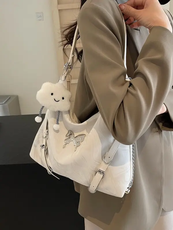 Women Velvet Backpack with Cute Pom Pom Handle - Image 5