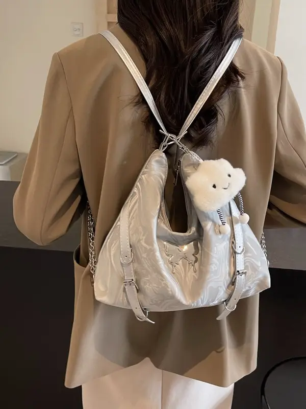 Women Velvet Backpack with Cute Pom Pom Handle - Image 6