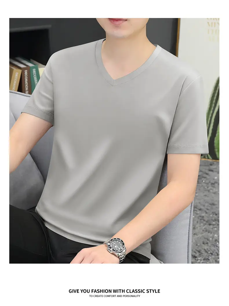 80S V-Neck Mercerized Cotton T-Shirt for Men — feature 15