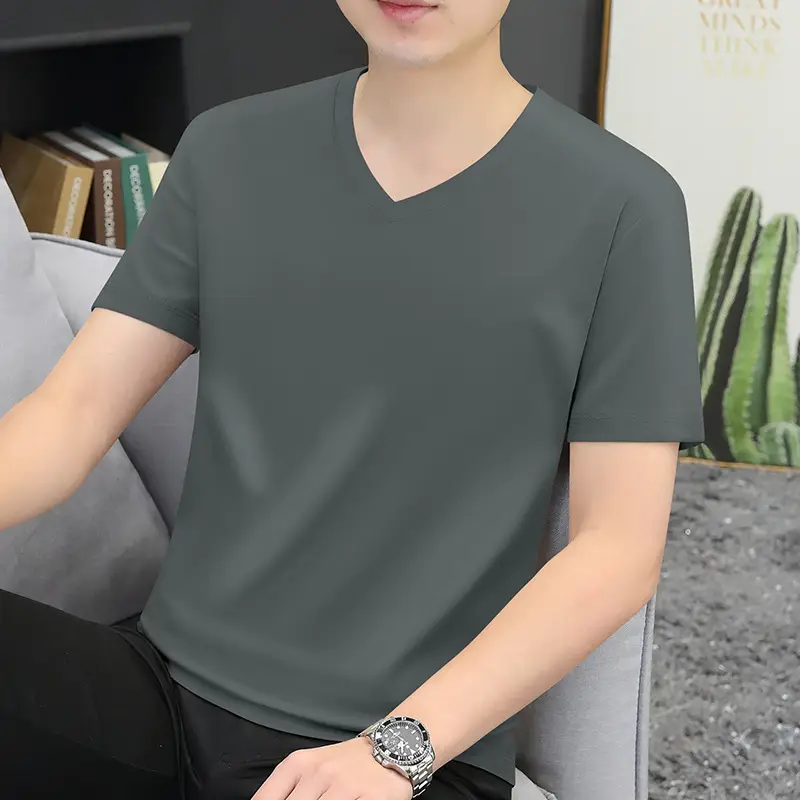 80S V-Neck Mercerized Cotton T-Shirt for Men