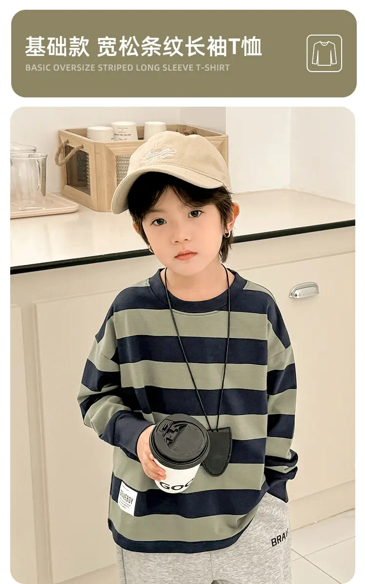 Boys Long Sleeve Striped T-Shirt Cotton Spring Outfit — feature 2