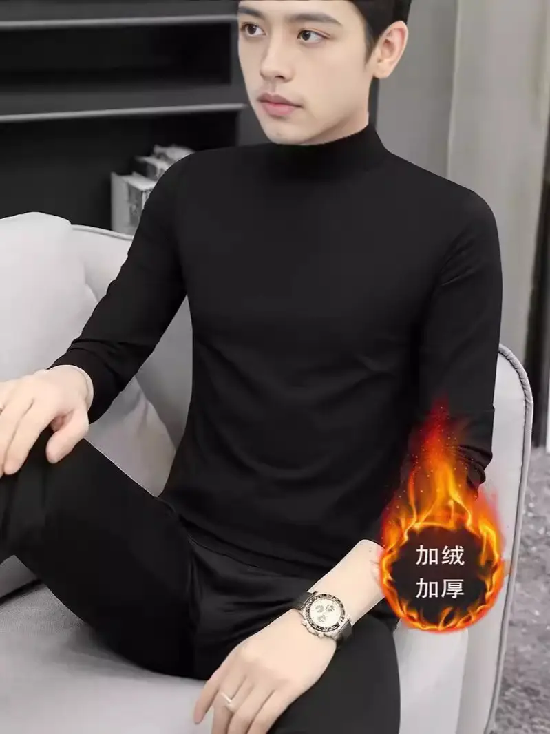 Men's Fleece Half-Turtle Collar T-Shirt Black Slim Fit - Image 8