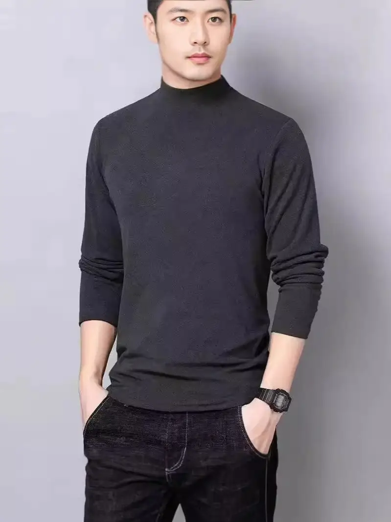 Men's Fleece Half-Turtle Collar T-Shirt Black Slim Fit - Image 9