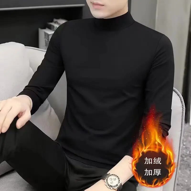 Men's Fleece Half-Turtle Collar T-Shirt Black Slim Fit — feature 5