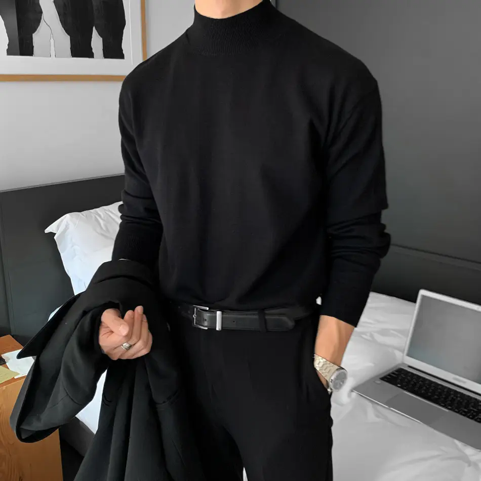 Men Black Velvet Turtleneck Coat Suit Winter Fleece Lined - Image 7