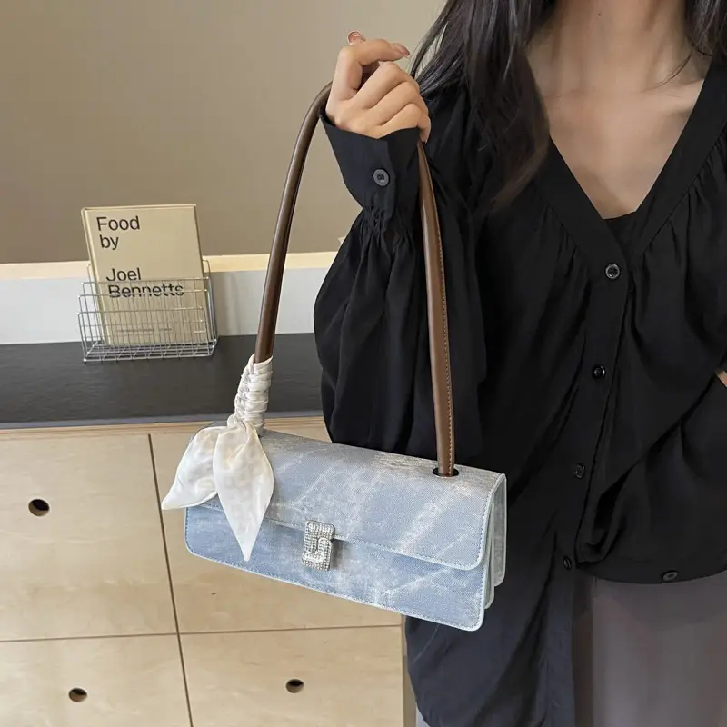 French Niche Women's Blue Velvet Shoulder Bag with Bow - Image 5