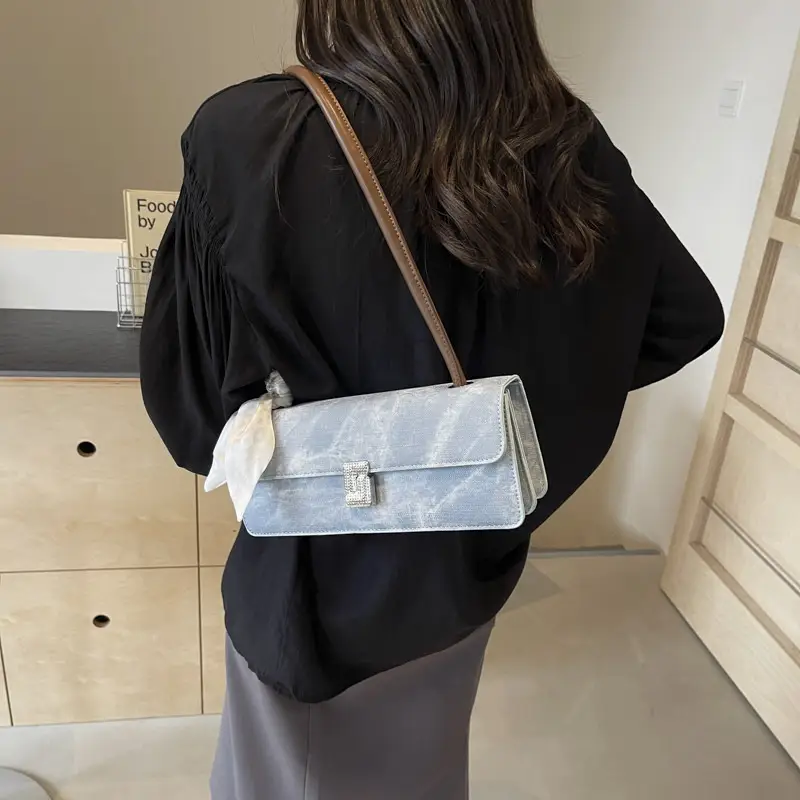 French Niche Women's Blue Velvet Shoulder Bag with Bow - Image 8