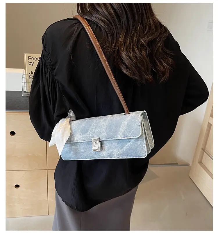French Niche Women's Blue Velvet Shoulder Bag with Bow — feature 1
